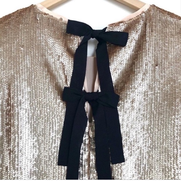 J.Crew Bianca Rose Gold Full Sequin Blouse 12 with gross grain black ties - Picture 7 of 9